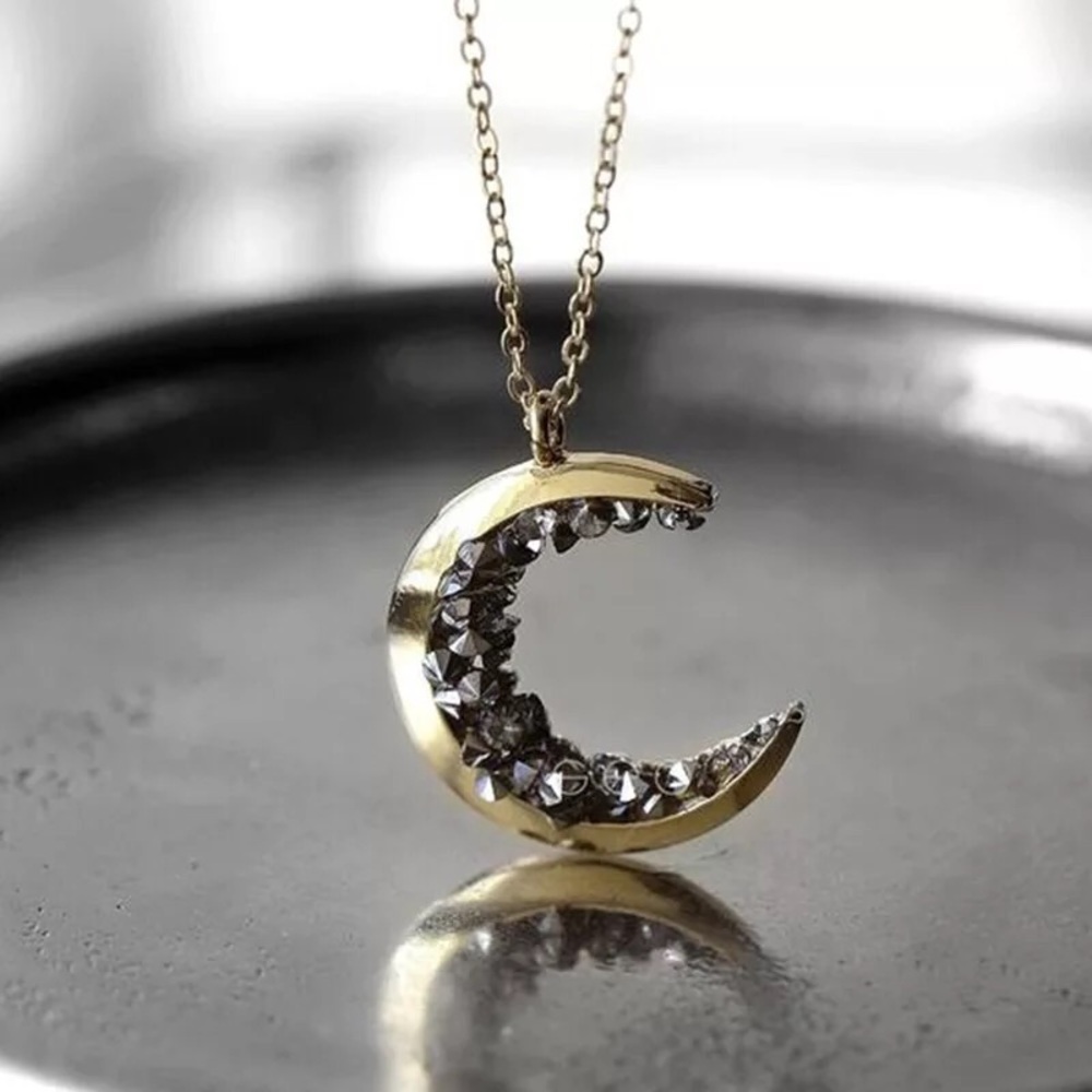NEW Black Ore Stone Crystal Crescent Moon Necklace